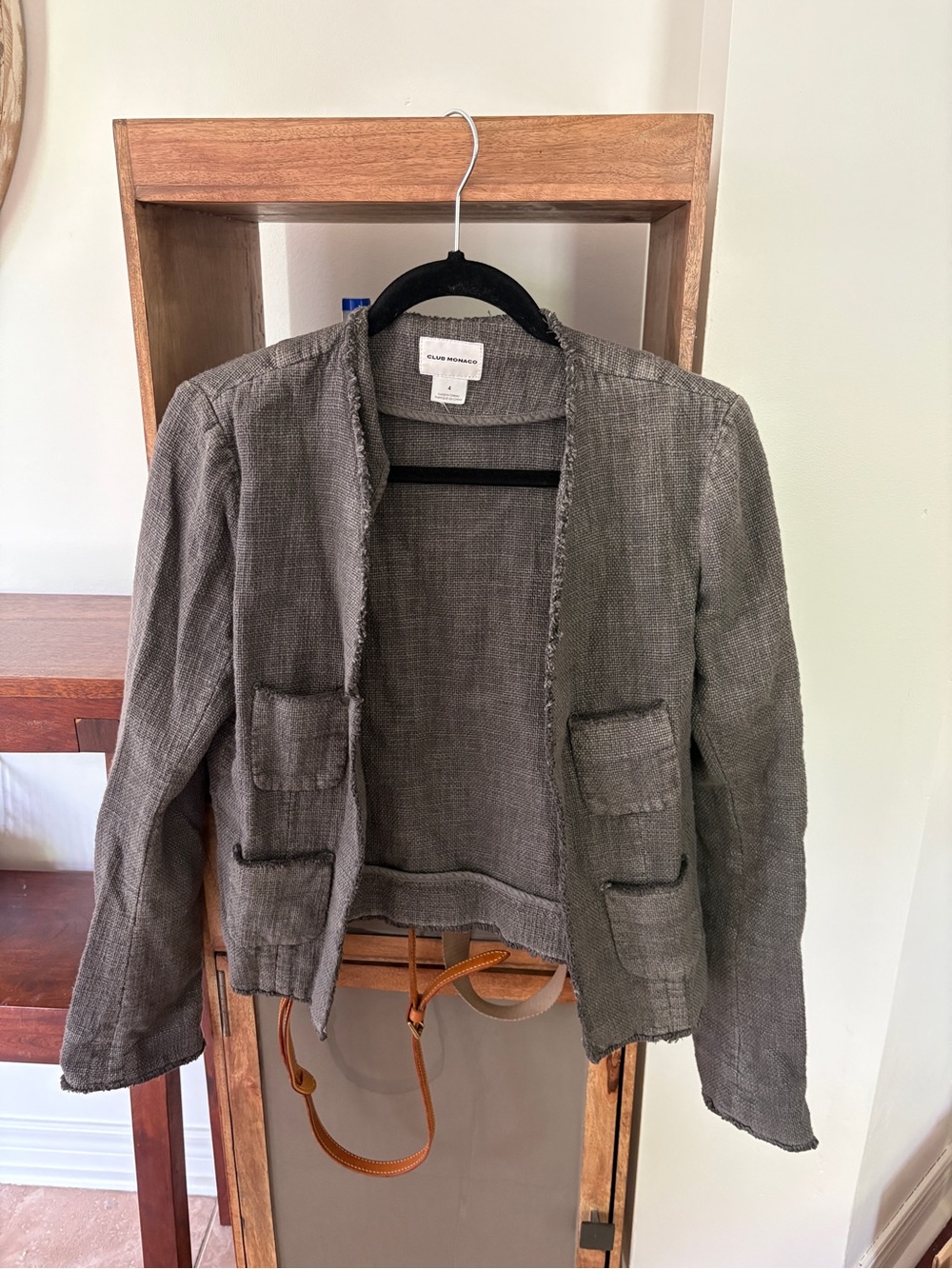 Club Monaco Olive-Gray Textured Open Blazer Jacket